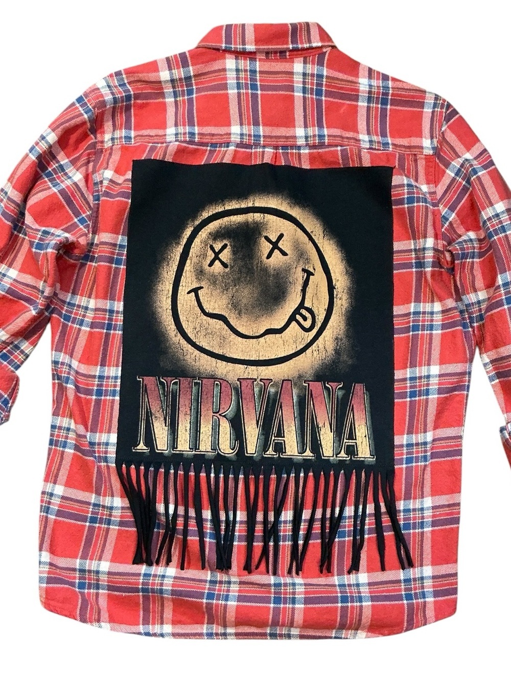 NIRVANA Upcycled Band T Shirt Flannel Top Fringe Boyfriend Grunge